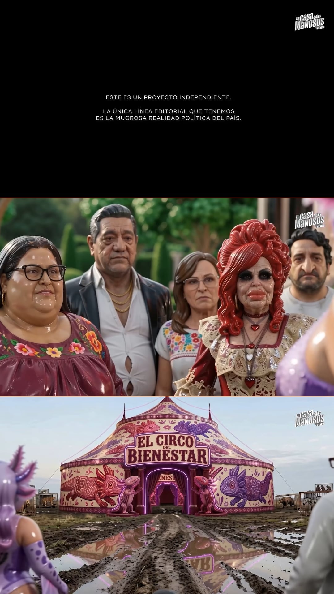 El programa de sátira política La Casa de los Mañosos presenta caricaturas de figuras públicas y una carpa de circo con la inscripción El Circo del Bienestar. (YouTube)
