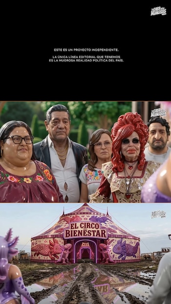 Un texto sobre fondo negro, varios personajes de caricatura y una carpa de circo sobre terreno lodoso