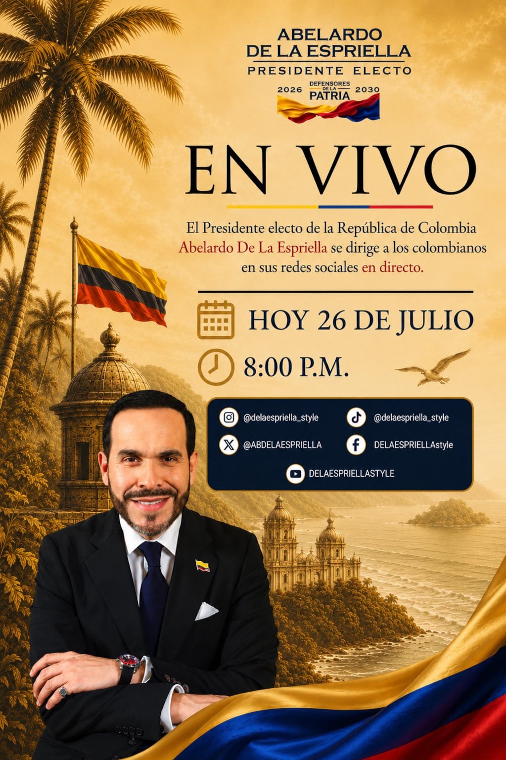 El presidente electo Abelardo de la Espriella informará a los colombianos sobre las primeras acciones de su gobierno este domingo a las 8:00 p. m. - crédito Abelarto de la Espriella/X