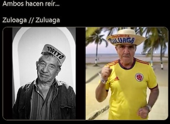 A la izquierda, foto de Topito con sombrero que dice "Topito". A la derecha, Zuluaga con su sombrero de paja, marcado con su apellido.