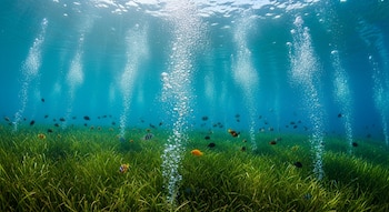 Imagen submarina de pastos marinos verdes, peces nadando, y múltiples columnas de burbujas que descienden, con rayos de sol visibles en el agua azul.