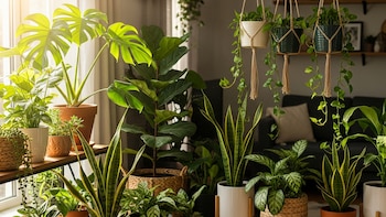 Vista interior de una habitación iluminada por luz solar directa, mostrando una colección diversa de plantas en macetas y colgantes cerca de una ventana.