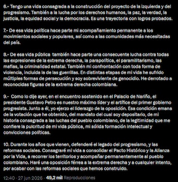 Iván Cepeda aseguró continuidad de la oposición y defendió avances sociales tras la elección del 21 de junio donde quedó en segundo lugar - crédito @IvanCepedaCast/X