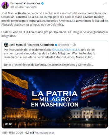 Esmeralda Hernández criticó al gobierno por su reacción ante asesinato de colombiano en EE. UU. - crédito @EsmeHernandezSi/X