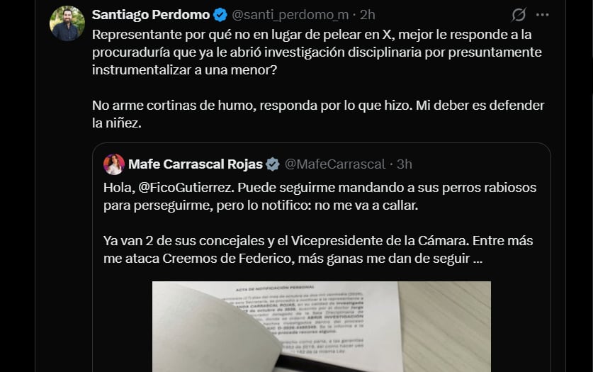 El concejal Santiago Perdomo radicó una queja disciplinaria contra la representante María Fernanda Carrascal ante la Comisión de Ética del Congreso - crédito X