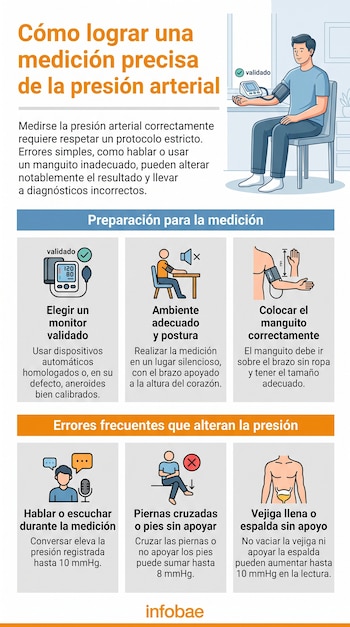 Ilustración con textos sobre la medición de la presión arterial, un hombre usa un tensiómetro, y seis gráficos de íconos con personas.