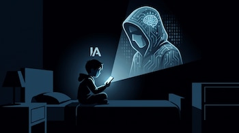 Silueta de un niño en una cama mirando la pantalla de un teléfono que proyecta a un encapuchado con circuitos y las letras IA.
