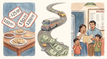 Ilustración en tres paneles: comida salvadoreña con etiquetas de precios, carretera de billetes de dólar con un autobús y un taxi, familia observando un menú de restaurante.