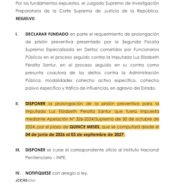 PJ amplía la prisión preventiva de Elizabeth Peralta