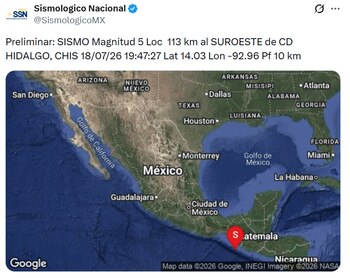 Sismo de 5.0 en Ciudad Hidalgo, Chiapas este 18 de julio. (X/ @SismologicoMX)