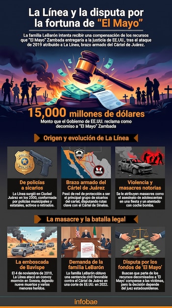 Infografía: hombres armados, gaveles, dinero, coches quemados, mapa de México, placa de policía y tribunal.