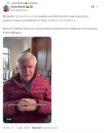 Jorge Baron Jr. compartió el mensaje que su padre grabó vía X - crédito @JorgeEBaron/X