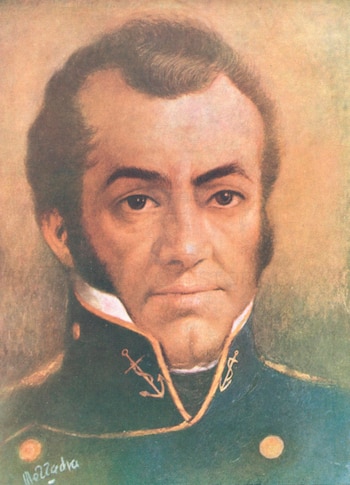 Pintura de un hombre con cabello oscuro y patillas en uniforme naval azul con insignias de anclas, botones dorados y cuello blanco. Firma en la esquina inferior izquierda