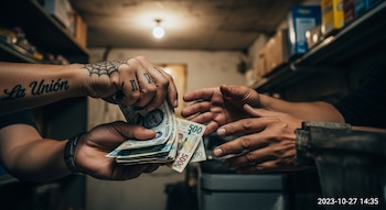 Primer plano de dos manos intercambiando billetes; una mano tiene tatuajes de "La Unión" y una telaraña, mientras la otra está abierta.