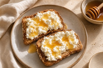 Dos tostadas de pan integral con queso blanco y miel sobre un plato de cerámica, junto a un cuenco de miel y un palito mielero.
