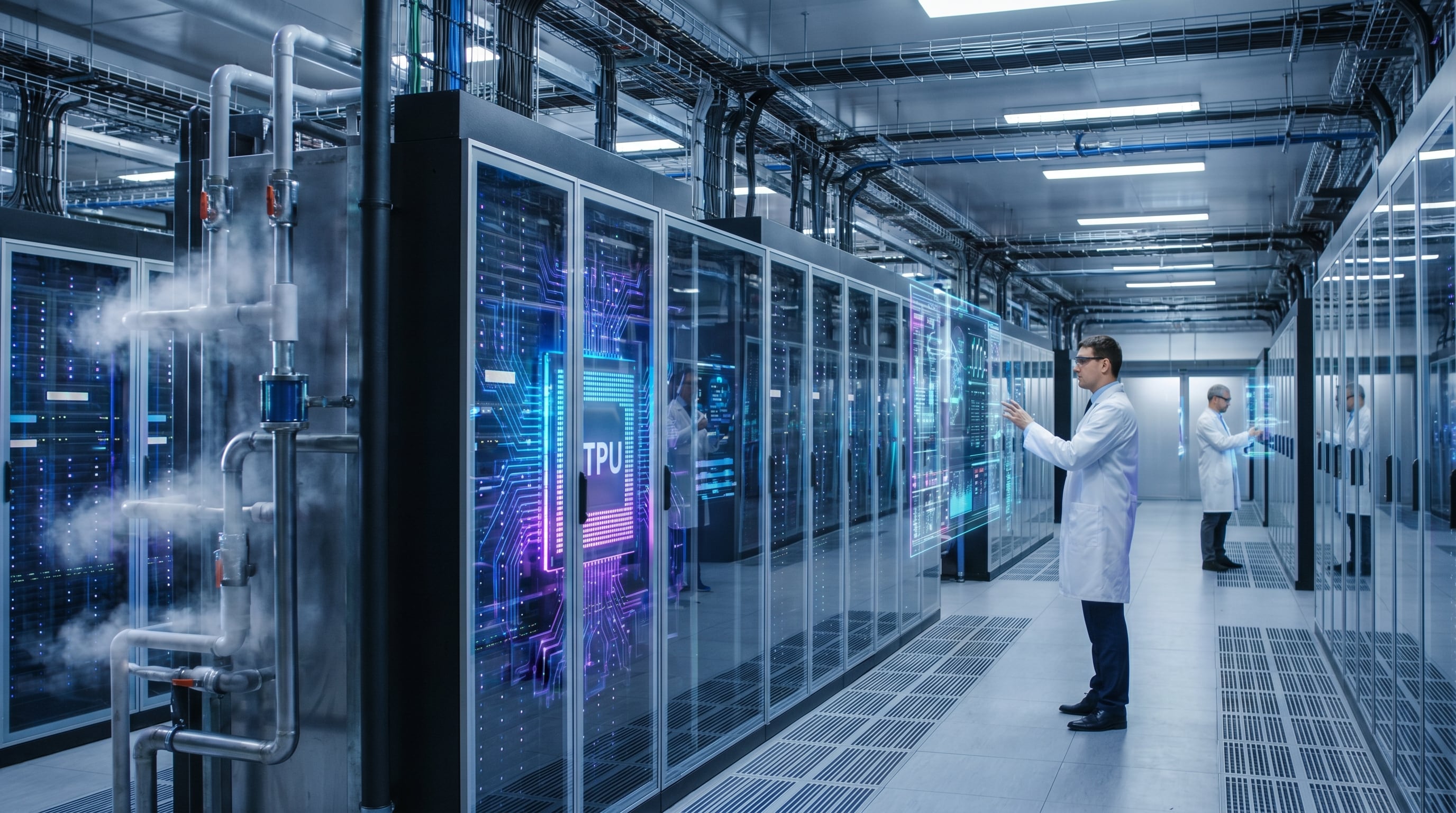 Ingenieros en batas blancas supervisan paneles holográficos y filas de servidores con procesadores TPU en un centro de datos de inteligencia artificial de última generación, destacando avanzados sistemas de refrigeración por líquido. (Imagen Ilustrativa Infobae)
