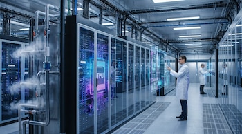 Interior de un centro de datos futurista con ingenieros en batas blancas, filas de servidores iluminados con gráficos de circuitos y 'TPU', y tuberías de refrigeración con vapor.
