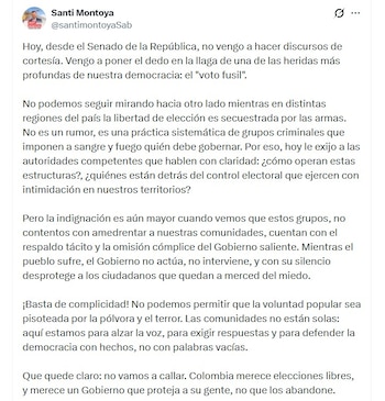 El senador Santiago Montoya pidió que los organismos de seguridad expliquen qué operativos realizaron en municipios donde, según denuncias parlamentarias, habría existido presión de estructuras criminales - crédito @santimontoyaSab/X
