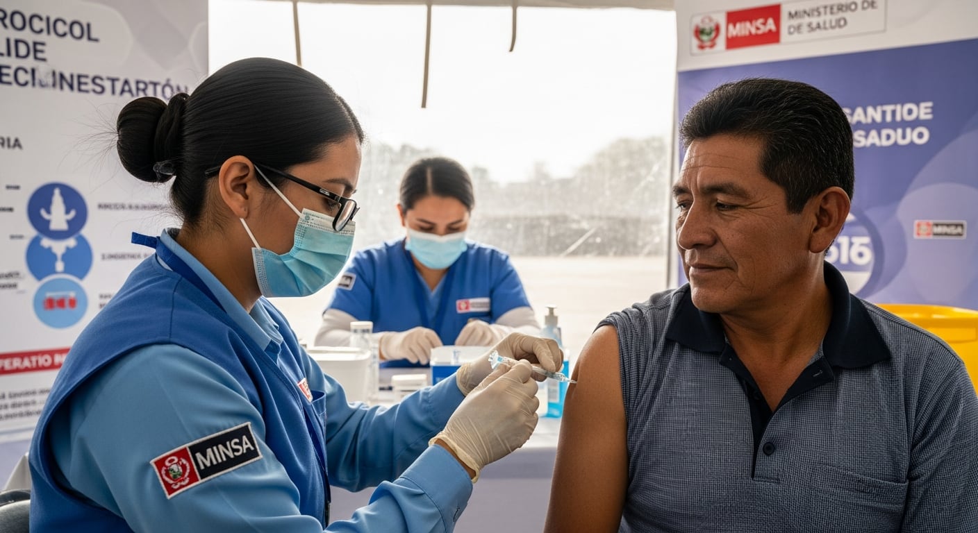 Un trabajador peruano recibe una vacuna preventiva administrada por personal del Ministerio de Salud durante una campaña de salud ocupacional en un entorno laboral. (Imagen Ilustrativa Infobae)