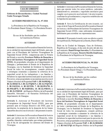 El Gobierno de Nicaragua autorizó la donación de 14 inmuebles estatales al INSS en Managua, León y Carazo. (Imagen retomada de La Gaceta Nicaragua)