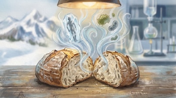 Ilustración de pan de masa madre partido en mesa de madera, con vapor que forma siluetas de Ötzi en hielo y microorganismos. Fondo difuminado de montañas nevadas y laboratorio.