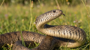 Primer plano de una serpiente marrón y beige con escamas detalladas, cabeza erguida, ojos negros y lengua bífida extendida, en un campo de hierba verde.