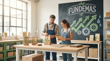 Un hombre y una mujer con overoles revisan empaques de papel con logo de hoja en un taller; al fondo hay una pizarra con "FUNDEMAS" y gráficos de crecimiento y sostenibilidad.