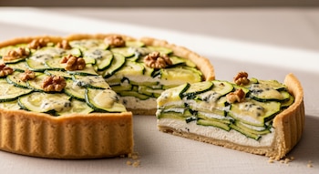 Una tarta circular con un trozo cortado muestra un relleno de zapallitos en rodajas, queso azul derretido y nueces, sobre un mantel.