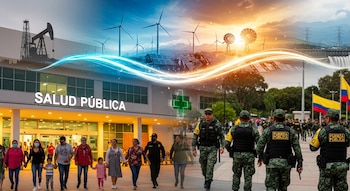 Montaje: Plataforma petrolera y energías renovables (eólica, solar, hidroeléctrica) sobre un edificio de Salud Pública. Personas y miembros de la Fuerza Pública en Colombia.