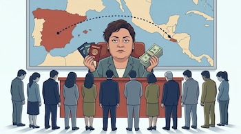 Caricatura de una mujer sentada detrás de un escritorio, sosteniendo pasaportes y billetes de dólar. Detrás, un mapa muestra España y El Salvador conectados. Doce personas de espaldas la observan.