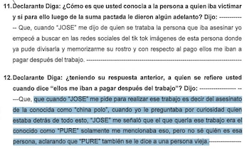 Un fragmento de documento impreso con texto de un interrogatorio y un párrafo destacado en color azul