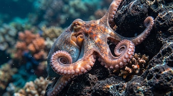 Un pulpo con los brazos enroscados y ventosas visibles sobre una roca negra en un fondo marino con arrecifes.