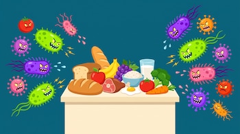 Pan, manzana, banana, uvas, carne, arroz, huevo, leche, brócoli, tomate y zanahoria sobre un mostrador claro, rodeados de bacterias y virus caricaturescos.