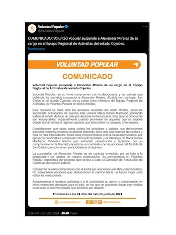 El comunicado de Voluntad Popular