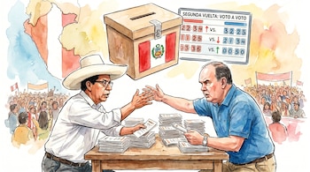 Ilustración en acuarela de Roberto Sánchez y Rafael López Aliaga en mesa con papeletas, urna electoral y marcador de votos. Detrás, una multitud y mapa de Perú.