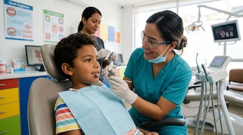 Una dentista con uniforme azul examina la boca de un niño sentado en un sillón dental, mientras una asistente trabaja al fondo.