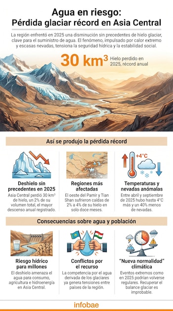 Infografía con paisaje montañoso y glaciar retrocediendo, con texto "30 km³ Hielo perdido en 2025". Incluye gráficos sobre deshielo, causas y riesgos.