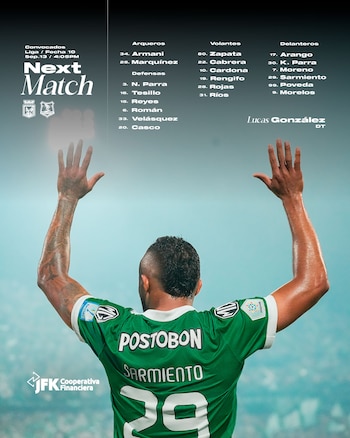 Convocados de Atlético Nacional para el partido contra Águilas Doradas - crédito Atlético Nacional