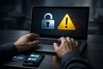 Manos sobre un teclado de laptop con pantalla que muestra un candado abierto y un triángulo de alerta amarillo. Un smartphone con notificaciones y el logo de SBS están en el escritorio.