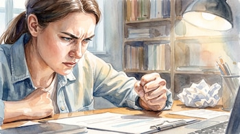 Mujer sentada en un escritorio con documentos, un bolígrafo, un portátil, un papel arrugado, un portalápices, una lámpara, un estante con libros y una ventana.