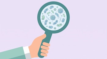 Una mano sostiene una lupa verde que enfoca virus y bacterias sobre un fondo morado suave.