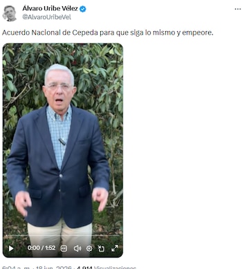 Álvaro Uribe rechazó propuesta de Iván Cepeda, denunciando riesgos para la economía y la institucionalidad - crédito @AlvaroUribeVel/X
