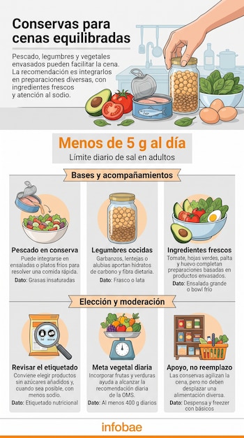 Infografía con ilustraciones de latas de pescado, legumbres, vegetales frescos, una lupa en un paquete y el logo de Infobae.
