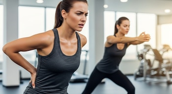 Una mujer se toca la zona lumbar con expresión de molestia mientras realiza un ejercicio en un gimnasio, con otra figura en segundo plano en una postura activa.