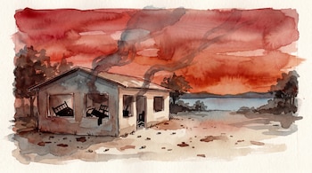 Ilustración en acuarela de un amanecer rojo y naranja sobre una casa desordenada con humo ascendente. Casquillos de bala en el suelo y la laguna de Xiloá al fondo.