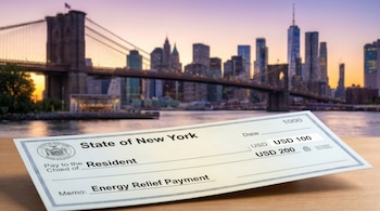 Cheque del Estado de Nueva York para 'Energy Relief Payment' sobre mesa de madera; al fondo, el Puente de Brooklyn y el horizonte de Manhattan al atardecer.