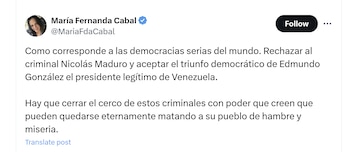 La senadora María Fernanda Cabal aseguró se debe rechazar el resultado que puso a Nicolás Maduro como residente electo de Venezuela - crédito @MariaFdaCabal/X