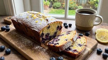 Budín de arándanos y limón con azúcar glas y ralladura, rebanado en tabla de madera, con arándanos, rodajas de limón y una taza de café.
