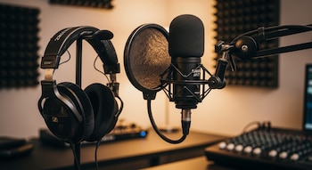 Primer plano de un micrófono de estudio negro Shure SM7B con un filtro antipop y audífonos Sennheiser sobre un soporte, con una mesa de mezcla de audio en segundo plano.