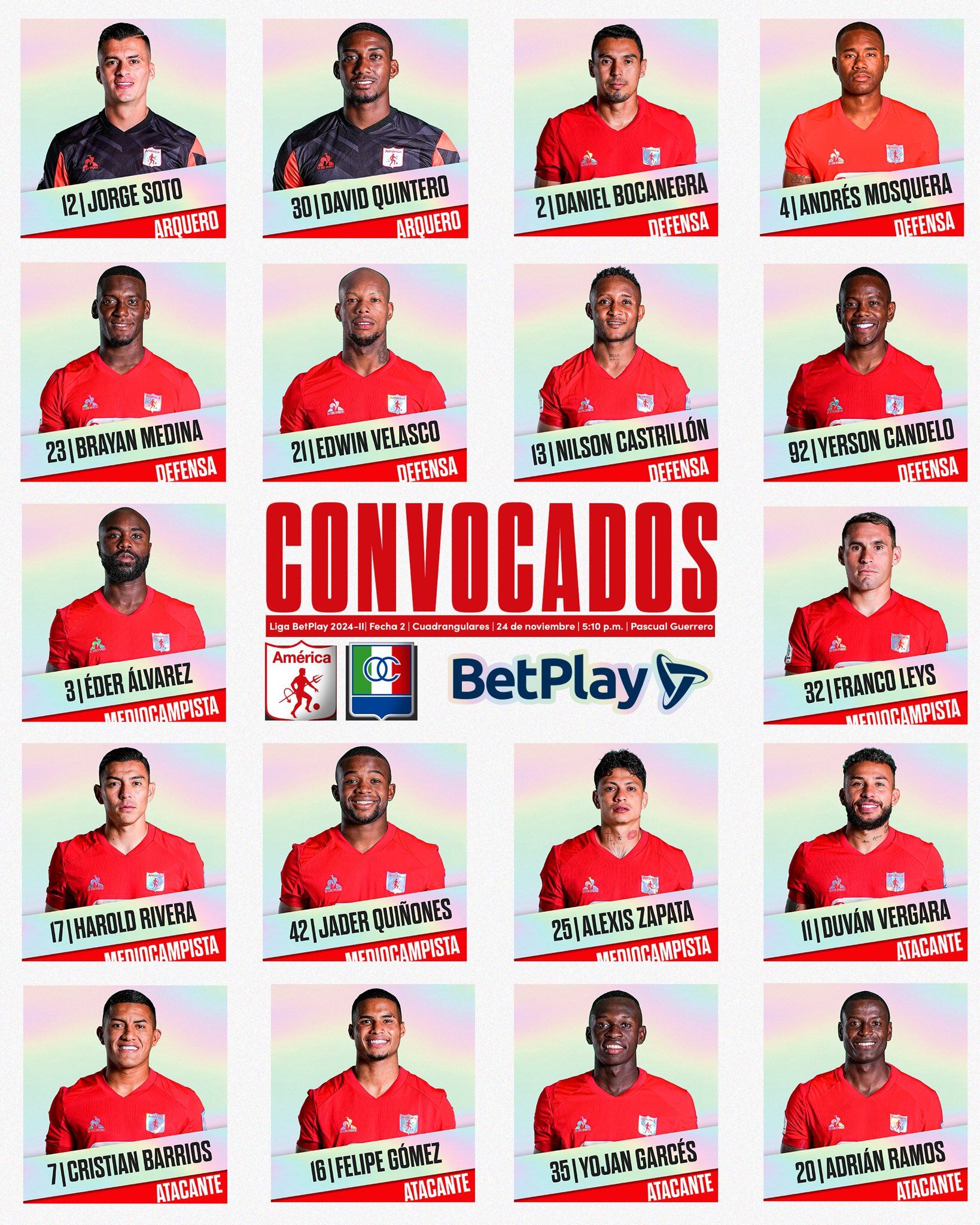 Estos son los llamados por Jorge Da Silva para el encuentro con Once Caldas en el Pascual Guerrero - crédito @AmericadeCali/X